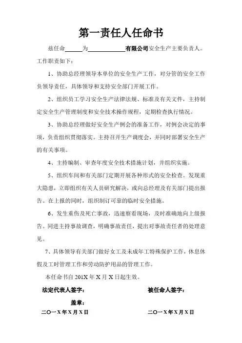 (完整版)安全生产负责人任命书