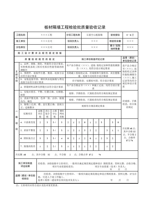 板材隔墙工程检验批质量验收记录