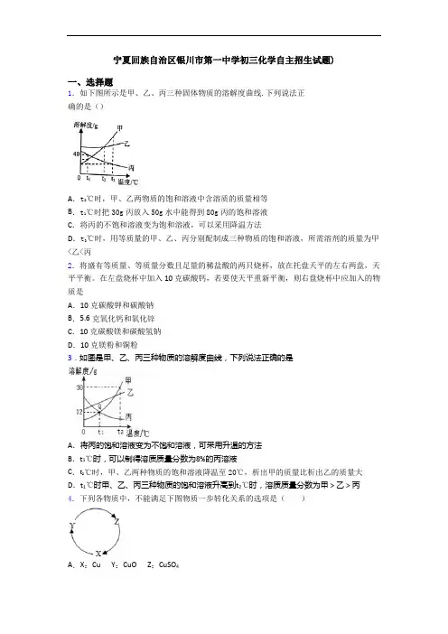 宁夏回族自治区银川市第一中学初三化学自主招生试题)