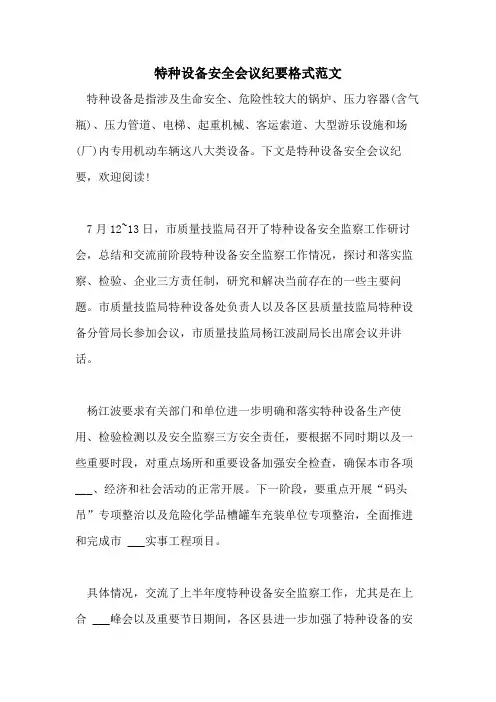2021年特种设备安全会议纪要格式范文