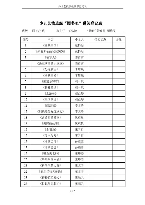 少儿艺校班级图书登记表