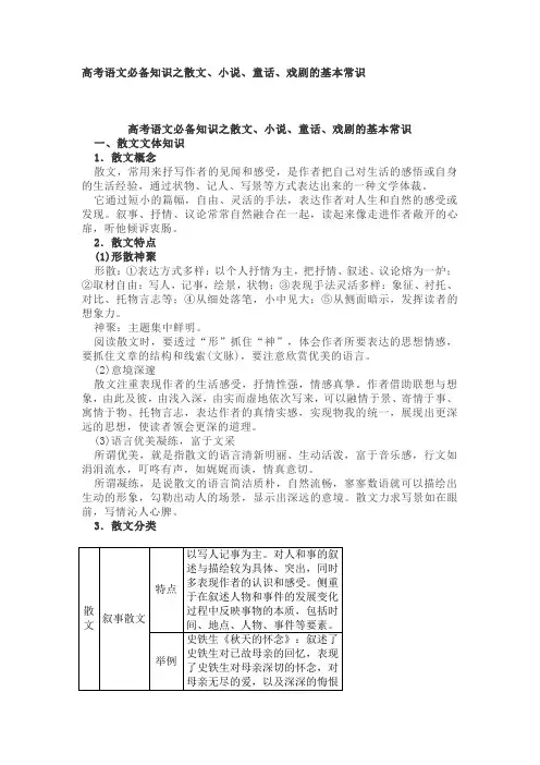 高考语文必备知识之散文、小说、童话、戏剧的基本常识
