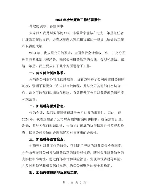 2024年会计廉政工作述职报告