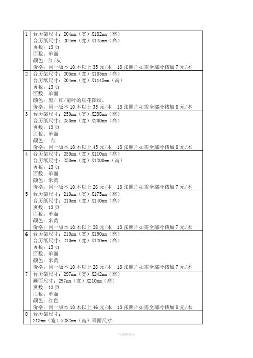 台历尺寸