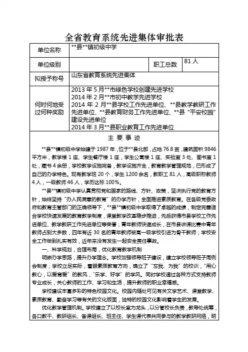 全省教育系统先进集体审批表(填写)