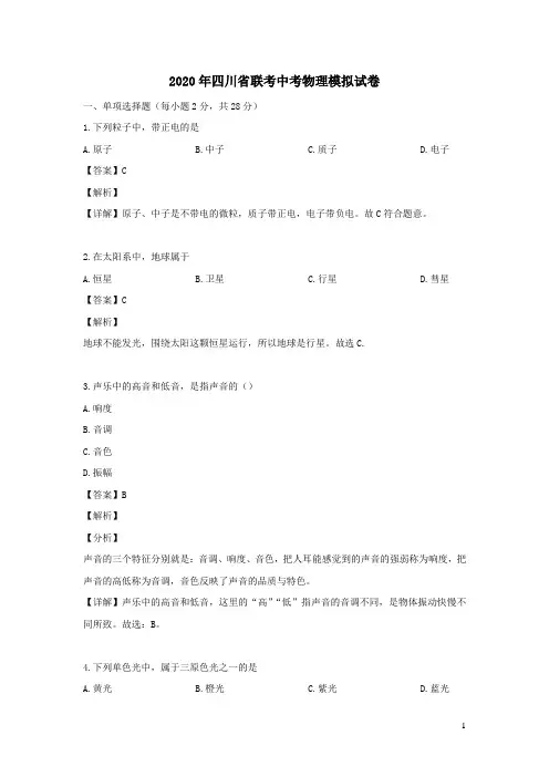 四川省2020年中考模拟物理试题(含解析)