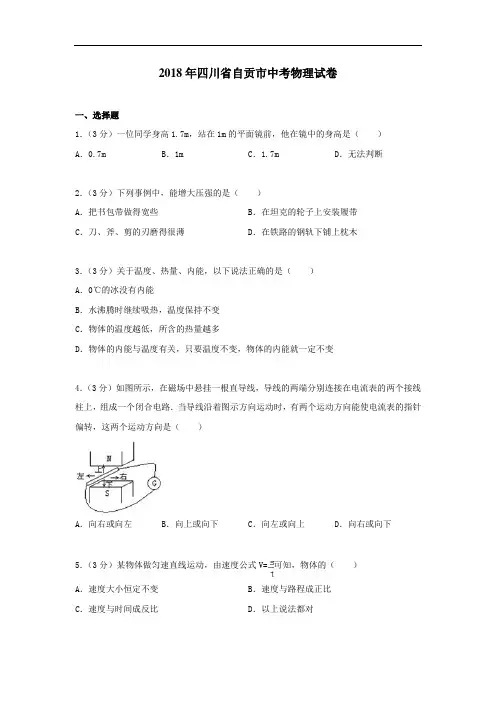 2018年四川省自贡市中考物理试题