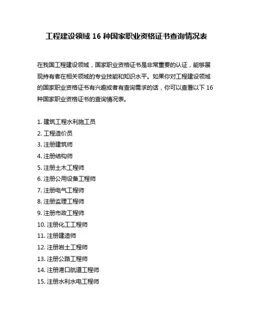 工程建设领域16种国家职业资格证书查询情况表