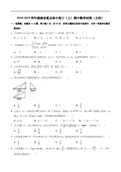 湖南重点高中2019届高三11月大联考文科数学(精编含解析)