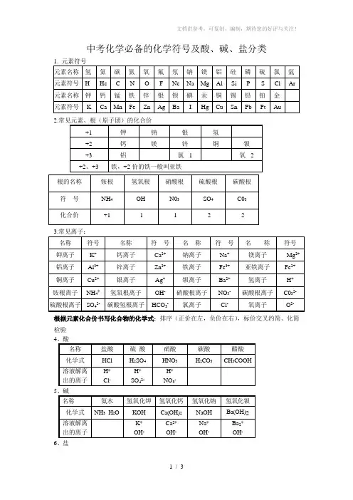 中考化学必备的化学符号及酸、碱、盐分类