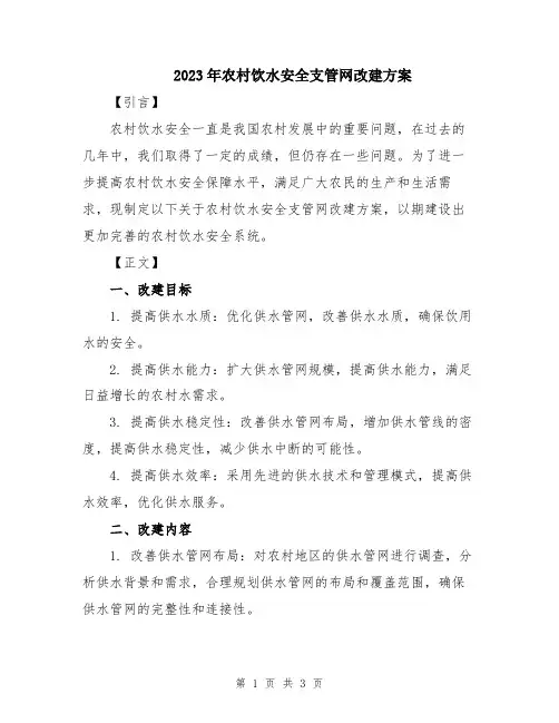 2023年农村饮水安全支管网改建方案