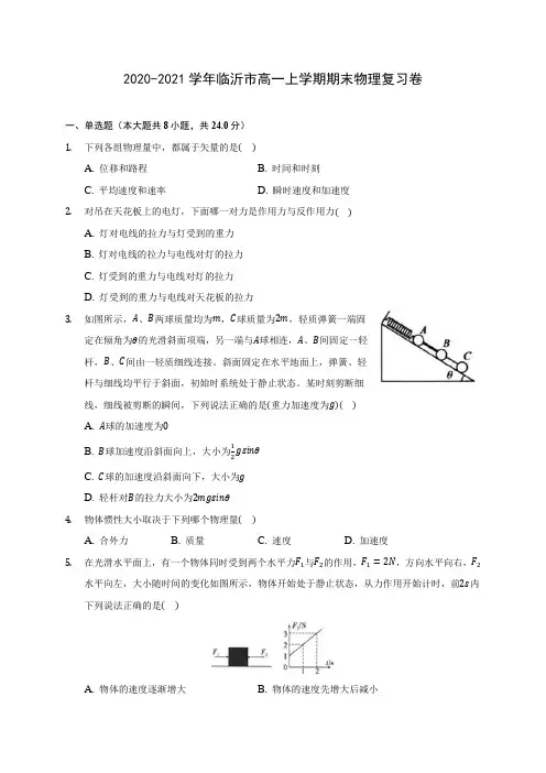 2020-2021学年临沂市高一上学期期末物理复习卷_附答案解析