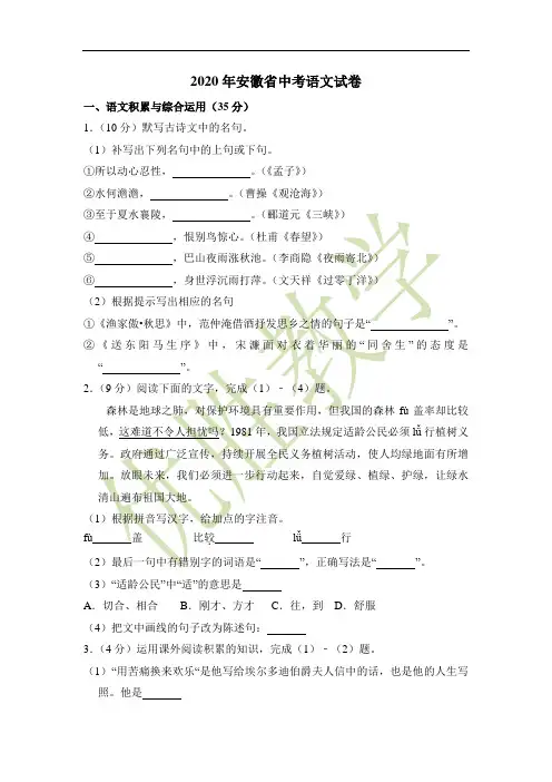 2020年安徽省中考语文试卷(含解析版)