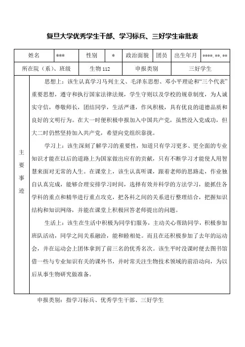 优秀学生干部、学习标兵、三好学生审批表