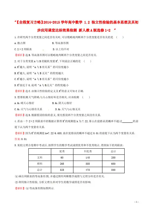 【全程复习14-2015学年高中数学 1.2 独立性检验的基本思想及其初步应用课堂达标效果检测 新人教A版选修1-2