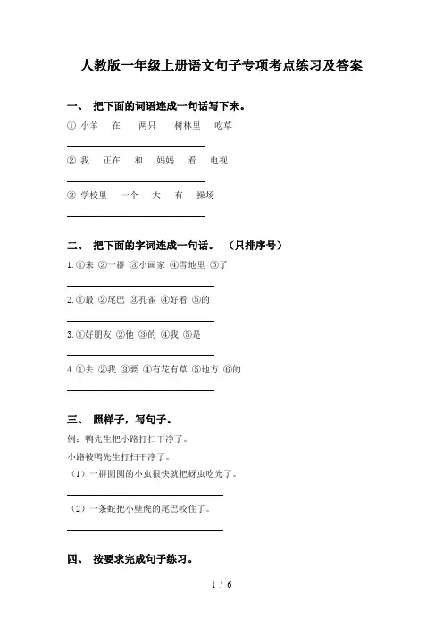 人教版一年级上册语文句子专项考点练习及答案