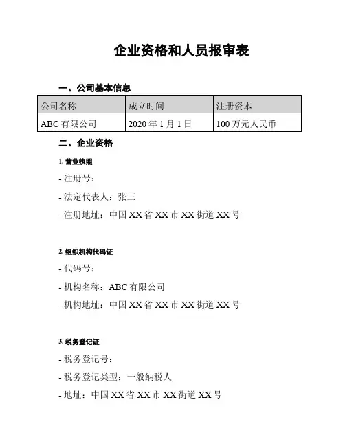 企业资格和人员报审表