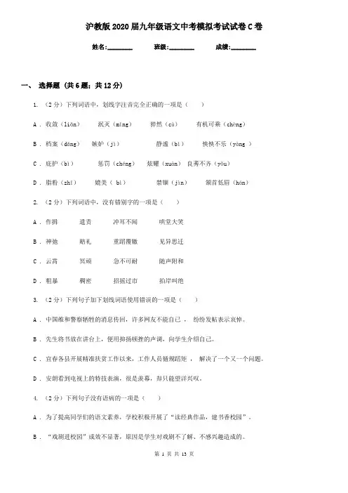 沪教版2020届九年级语文中考模拟考试试卷C卷