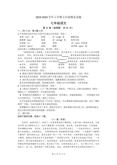 湖北省武汉市江岸区2023-2024学年七年级上学期期末语文试题(含解析)