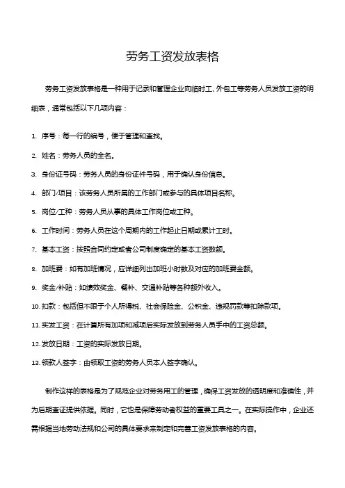 劳务工资发放表格