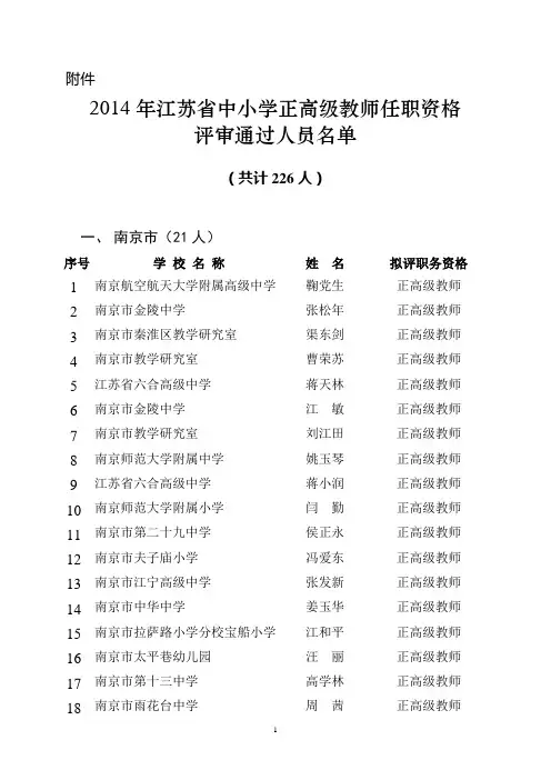 2014年江苏省中小学正高级教师任职资格评审通过人员名单