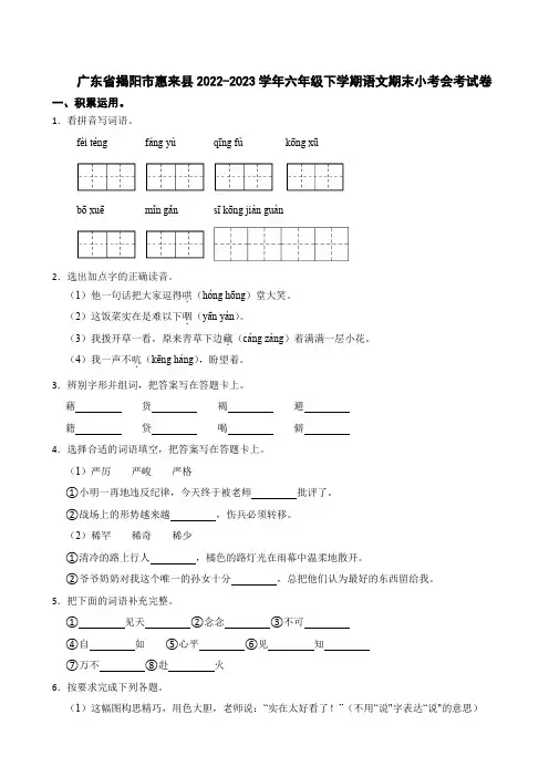 广东省揭阳市惠来县2022-2023学年六年级下学期语文期末小考会考试卷