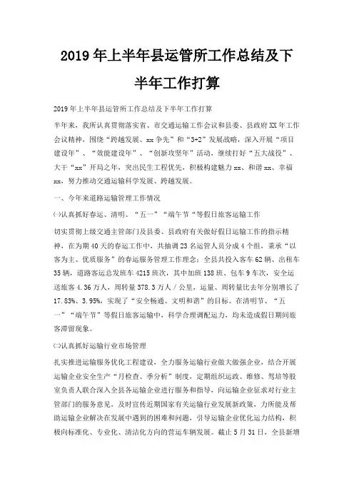 最新-2019年上半年县运管所工作总结及下半年工作打算 精品