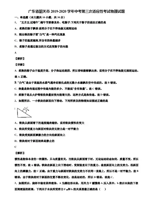 广东省韶关市2019-2020学年中考第三次适应性考试物理试题含解析
