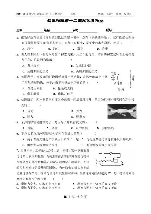 初三物理第二学期双休练习第12周模板
