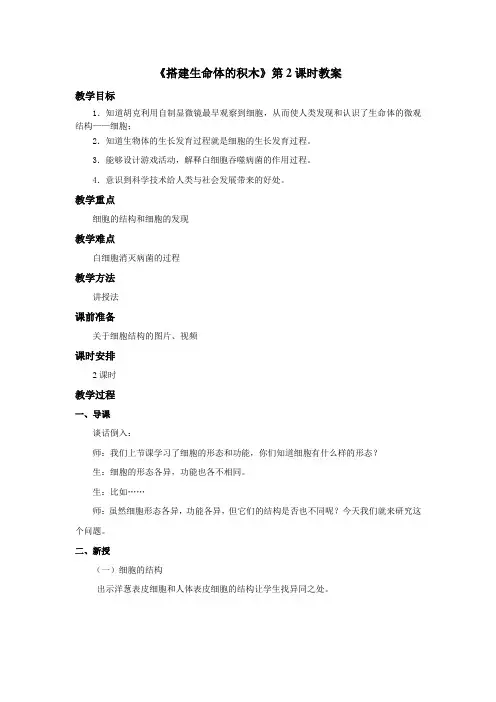 最新 苏教版小学科学六年级上册：《搭建生命体的积木》教案——第2课时