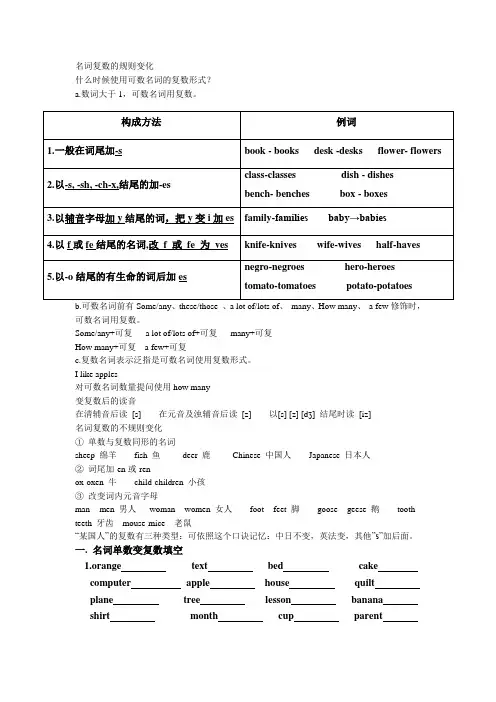 初中英语名词单复数和不可数名词专项讲解与练习