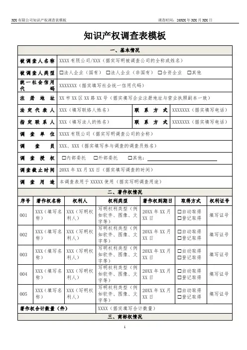 知识产权调查表模板