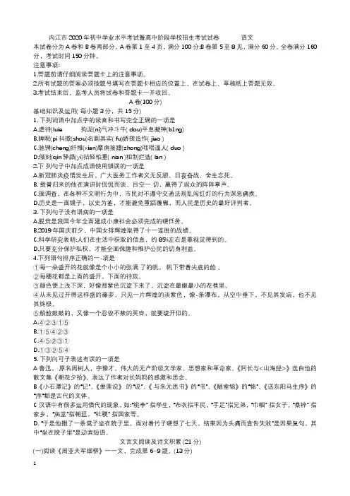 四川省内江市2020年中考语文试卷和参考答案详细解析完整版