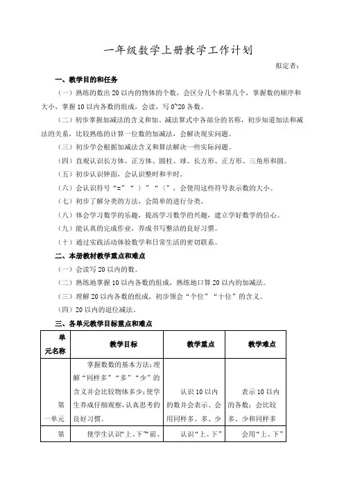 部编人教版一年级数学上册教学工作计划