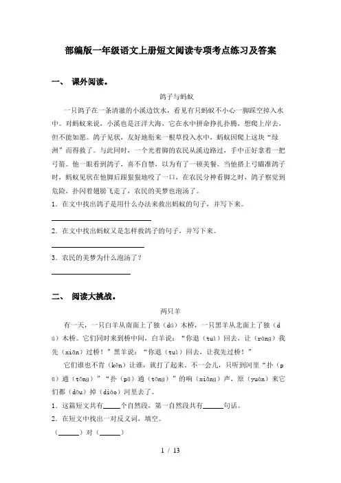 部编版一年级语文上册短文阅读专项考点练习及答案