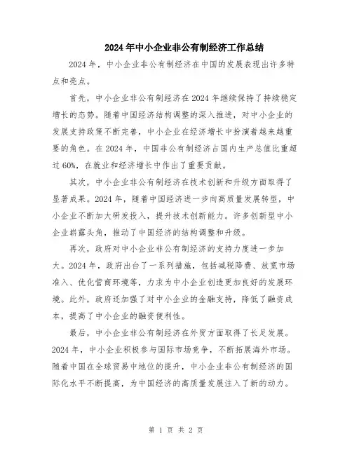 2024年中小企业非公有制经济工作总结