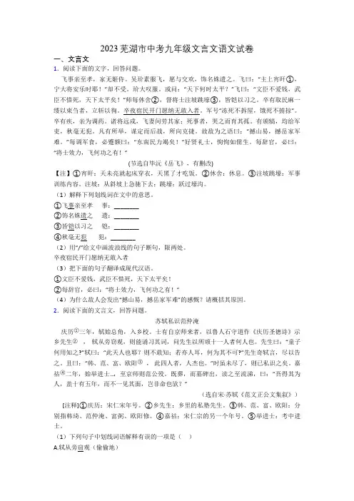 2023芜湖市中考九年级文言文语文试卷