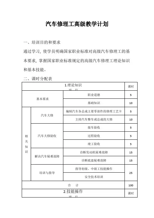 汽车修理工高级教学计划