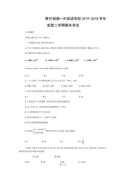 湖南省长沙市青竹湖湘一外国语学校七年级下期末考试数学试题(无答案)-word