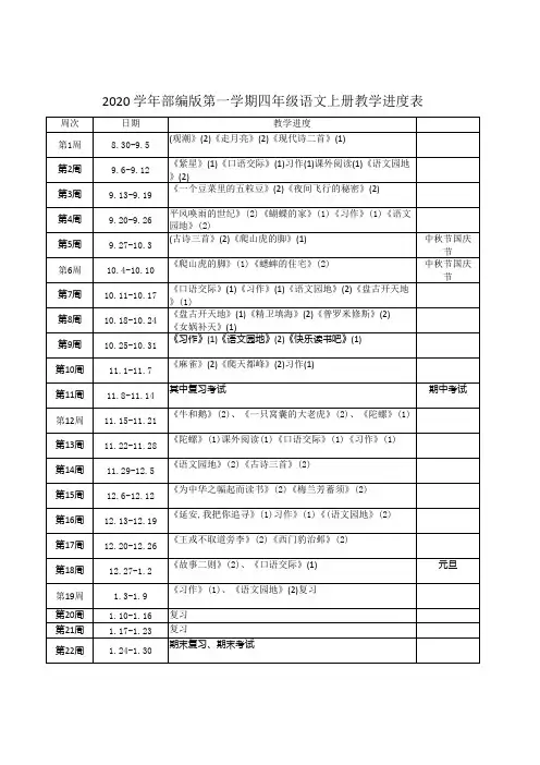 2020学年第一学期四年级语文上册教学进度表