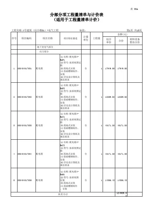 电气工程分部分项工程量清单与计价表