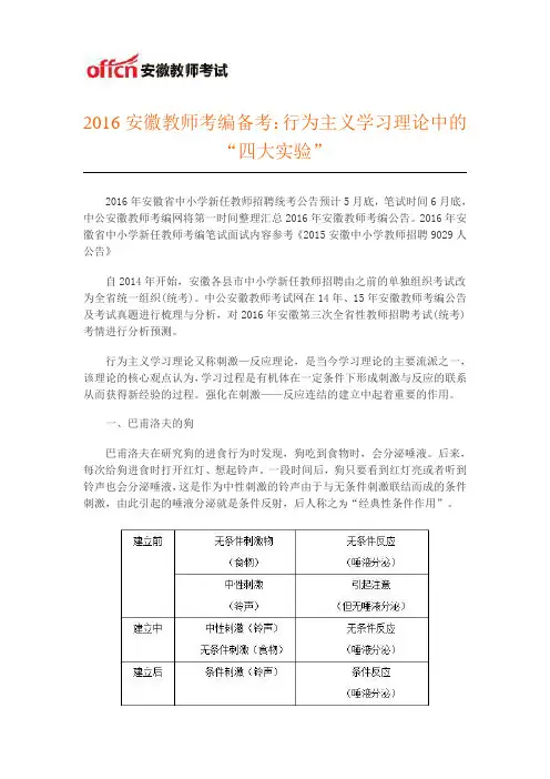 2016安徽教师考编备考：行为主义学习理论中的“四大实验”