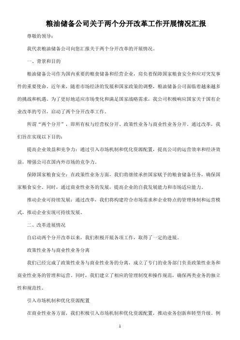粮油储备公司关于两个分开改革工作开展情况汇报