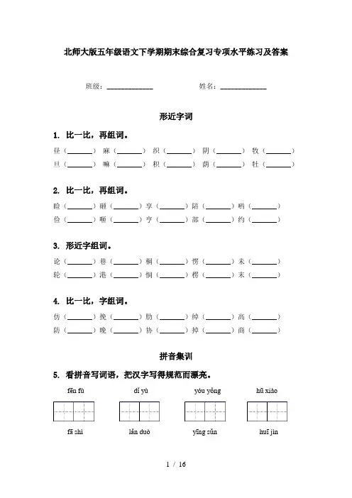 北师大版五年级语文下学期期末综合复习专项水平练习及答案