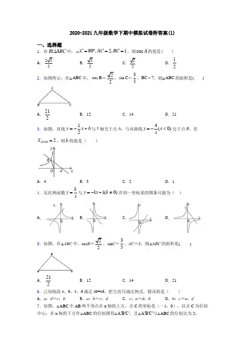 2020-2021九年级数学下期中模拟试卷附答案(1)