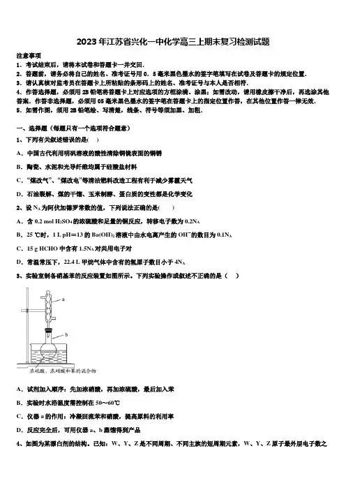 2023年江苏省兴化一中化学高三上期末复习检测试题含解析