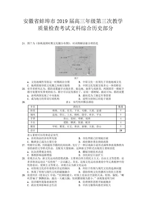 安徽省蚌埠市2019届高三年级第三次教学质量检查考试文科综合历史部分【含答案】