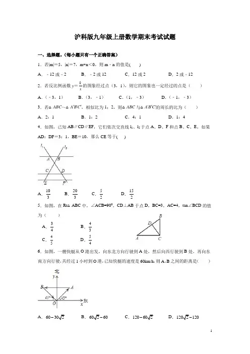 沪科版九年级上册数学期末考试试卷含答案解析