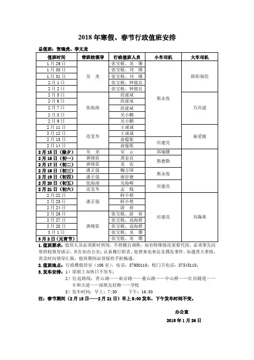 2018年寒假、春节行政值班安排