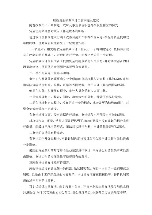最新-财政资金绩效审计工作问题及建议 精品